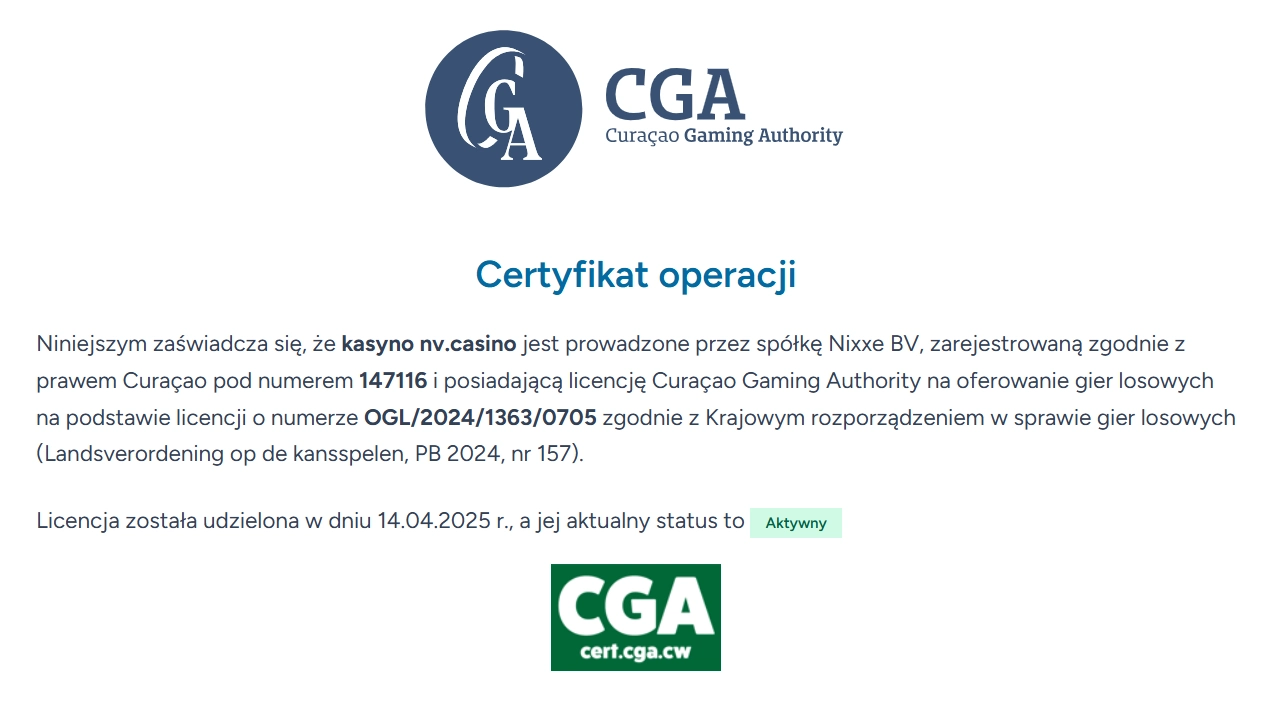 Certyfikat Curaçao Gaming Authority dla domeny nv.casino