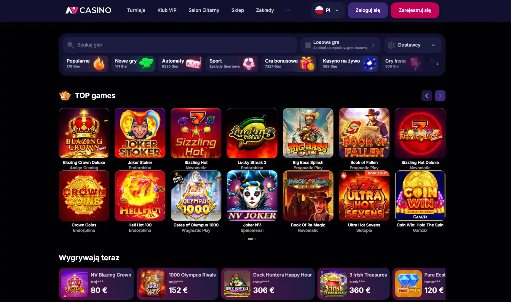 Polska strona główna NV Casino z brandingiem i nawigacją
