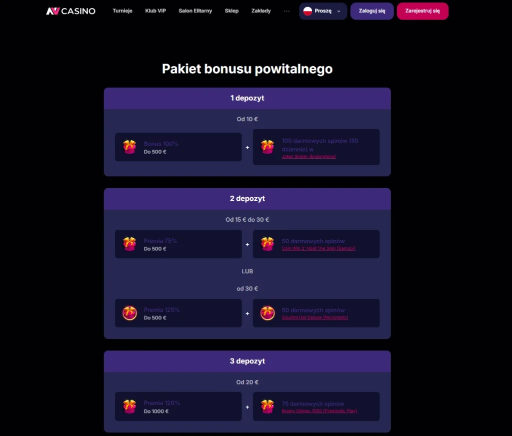 Aktualny pakiet bonusu powitalnego NV Casino z trzema etapami depozytowymi