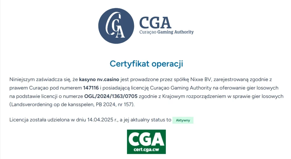 Certyfikat Curaçao Gaming Authority dla domeny nv.casino z operatorem Nixxe B.V. i statusem Active