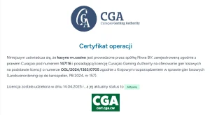 Certyfikat Curaçao Gaming Authority dla domeny nv.casino z operatorem Nixxe B.V. i statusem Active