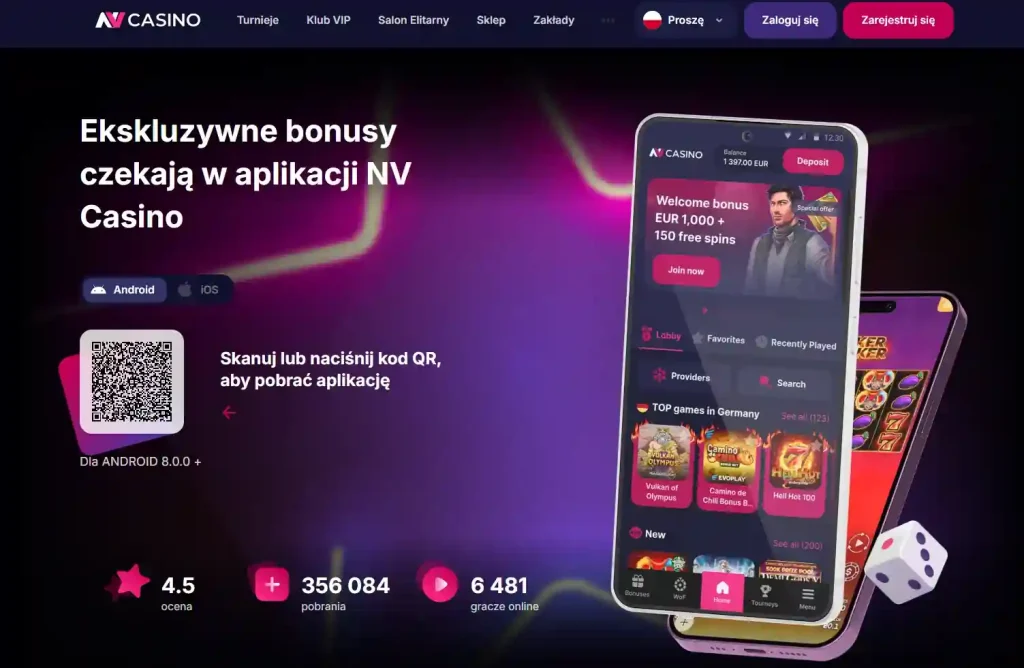 Oficjalna strona aplikacji NV Casino z opcjami Android i iOS