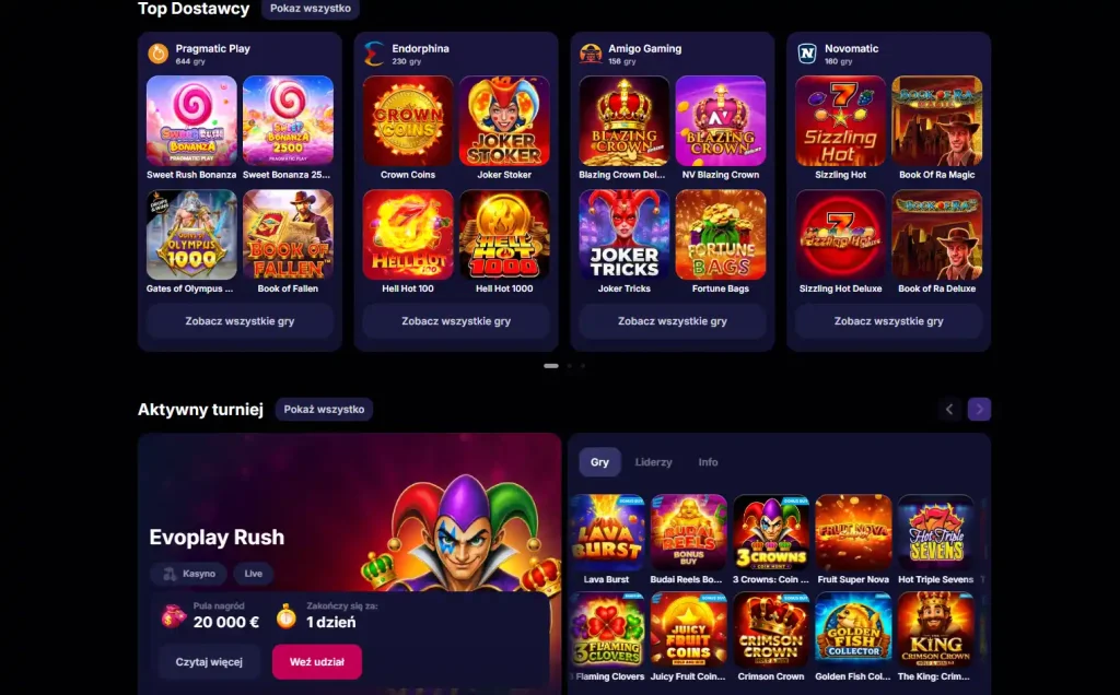 Oficjalne lobby NV Casino z kategoriami gier i kartami tytułów