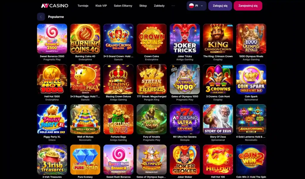 Sekcja automatów w oficjalnym lobby NV Casino z kartami gier