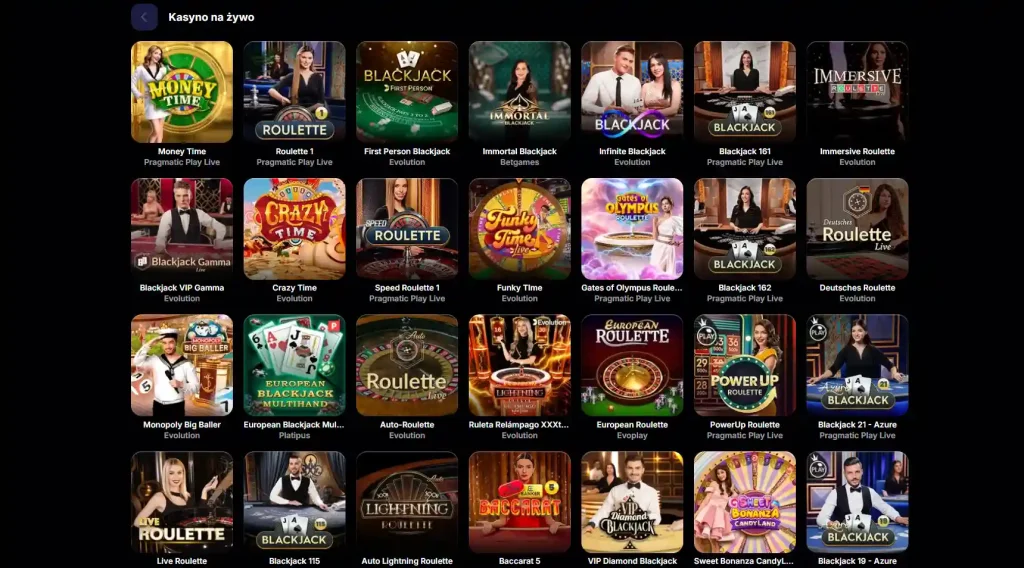 Sekcja kasyna na żywo w oficjalnym lobby NV Casino